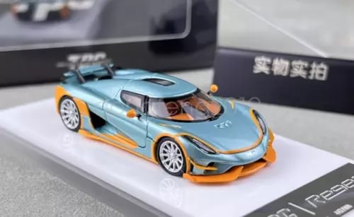1:64 diecast racing sports car model in ice blue with orange accents