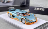 1:64 diecast racing sports car model in ice blue with orange accents
