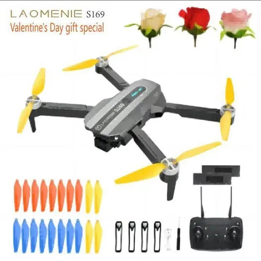 Gray quadcopter drone with four propellers and included remote controller, spare propellers