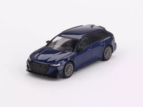 Blue diecast sports car model, front 3/4 view with detailed grille and headlights