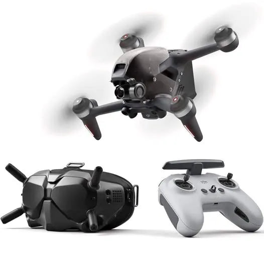 FPV drone with camera and 4 propellers, with white controller