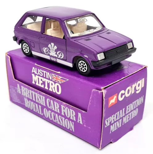 Purple diecast mini metro model car with open-door interior and Austin Metro box