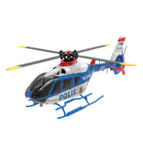 RC police helicopter model with blue-and-white fuselage, black rotor head, yellow blades