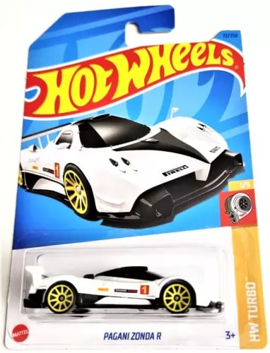 White and black diecast race car with yellow wheels in display blister