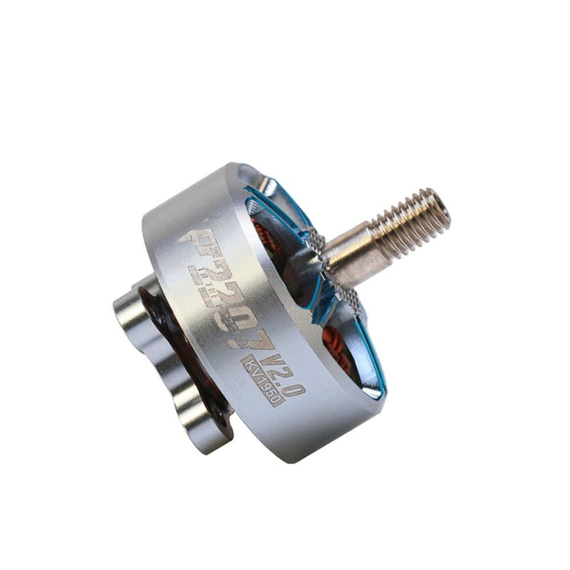 Brushless RC drone motor with silver housing and blue ring, with threaded shaft