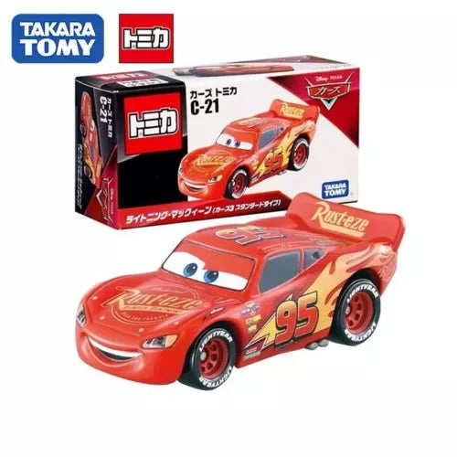 Red diecast race car toy with Lightning design, shown with C-21 box packaging.