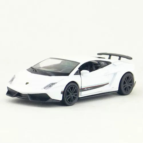 White diecast model car with black accents, front three-quarter view, detailed wheels