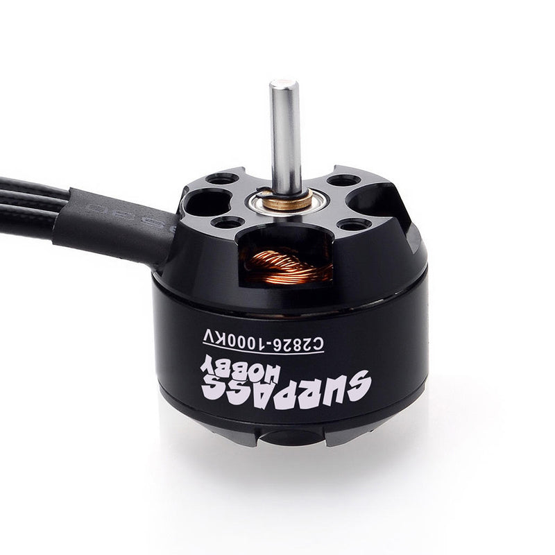 Brushless outrunner RC motor with black housing, copper windings, and metal output shaft