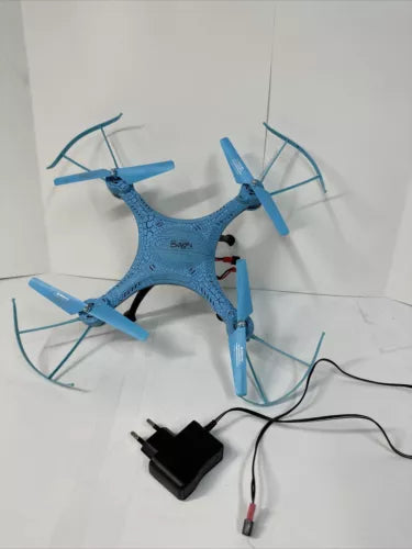 Blue quadcopter drone frame with four propellers, cables and battery pack