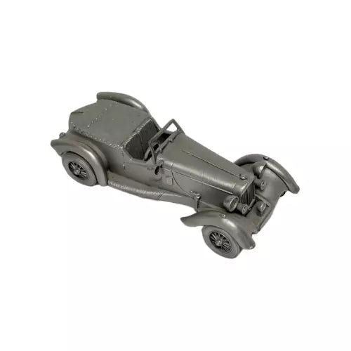 Pewter diecast model car in gray with open details, 1937 Lagonda Rapide, 1:43