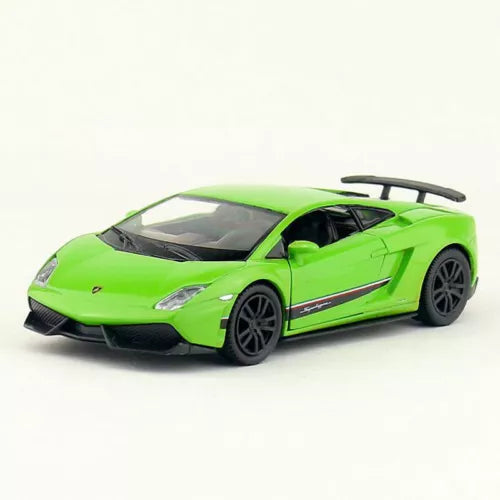 Green diecast model car with black wheels and racing decals