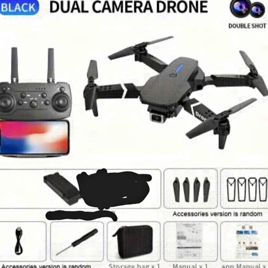 Black dual-camera drone with foldable propellers and compact body