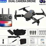 Black dual-camera drone with foldable propellers and compact body