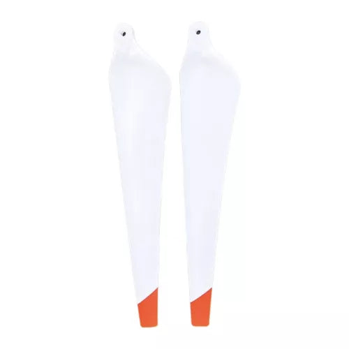 Two white drone propellers with orange tips
