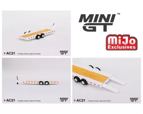 White 1/64 die-cast car transport trailer with ramp and mounted car