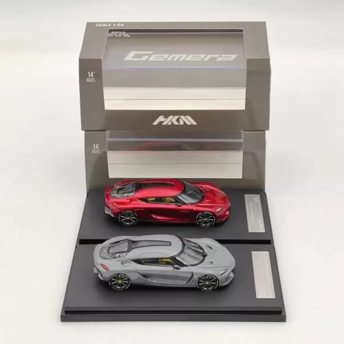 1:64 Gemera diecast car set with red and gray models in display box