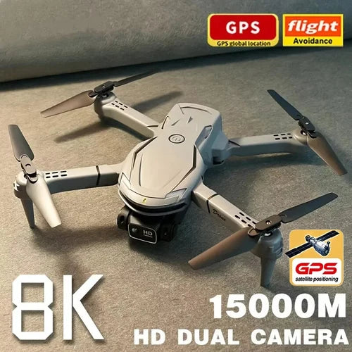 White quadcopter drone with dual camera module and GPS, four foldable propellers