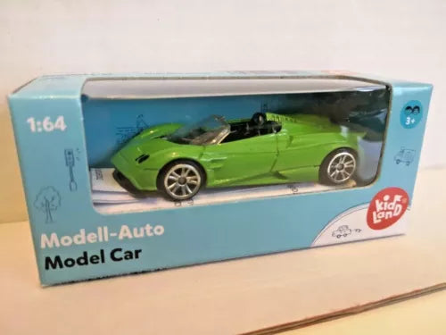 1:64 scale green diecast model roadster in retail box with clear window