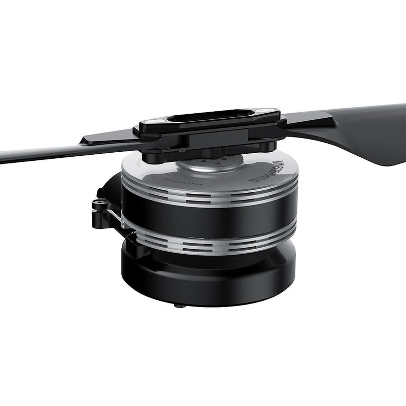 Brushless DC coaxial UAV motor, silver and black, with mounting bracket