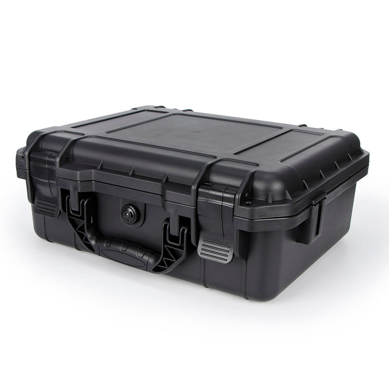 Hard shell travel case with foam insert and latch, dark gray/black, for drone accessories