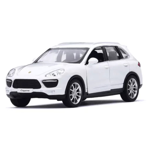 White 1/36 Porsche Cayenne diecast model car, front three-quarter view
