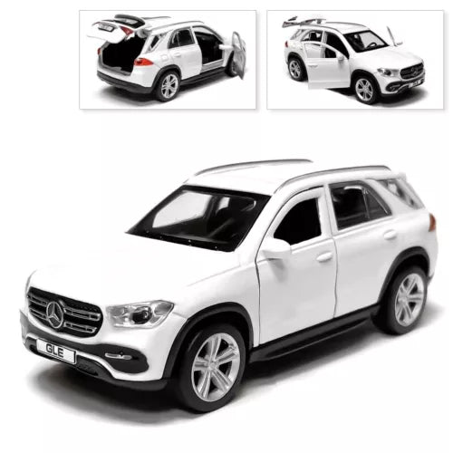 Matte white diecast model car, front three-quarter view, open front hood and wheels
