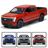 Red Ford F-150 Lightning diecast pickup model, front 3/4 view.