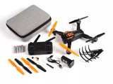 Orange and black quadcopter FPV drone kit with propellers, controller, and carrying case