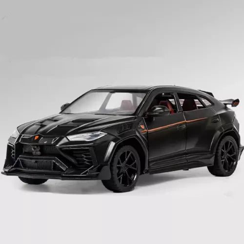 Black diecast alloy SUV model car toy with orange trim, front 3/4 view