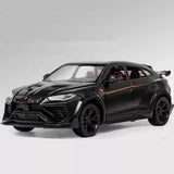 Black diecast alloy SUV model car toy with orange trim, front 3/4 view