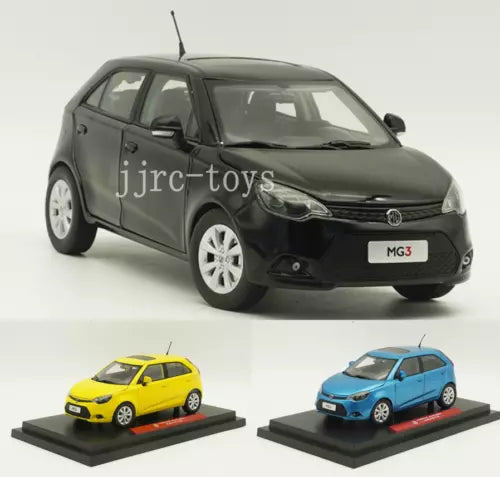 Metal diecast hatchback car model, black body, detailed headlights and grille on display base