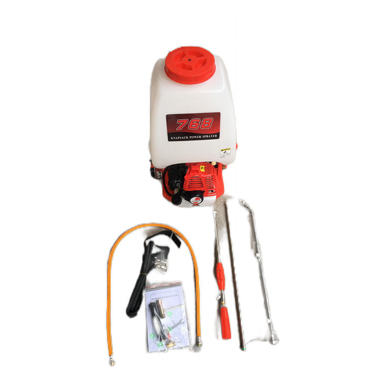 Gasoline backpack sprayer with red cap and hose, plus nozzle and tools kit