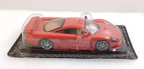 Red 1:43 scale diecast sports car with clear display cover on black base