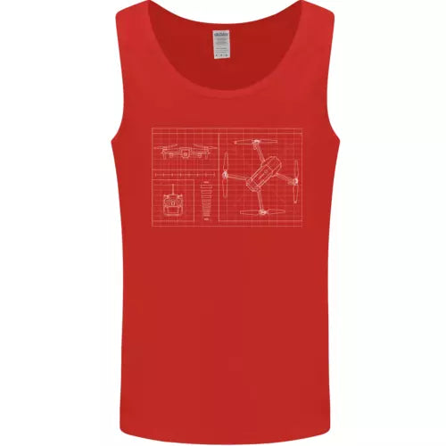 Men's red drone blueprint graphic tank top, sleeveless crew neck