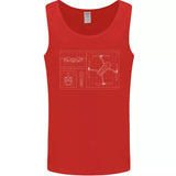 Men's red drone blueprint graphic tank top, sleeveless crew neck