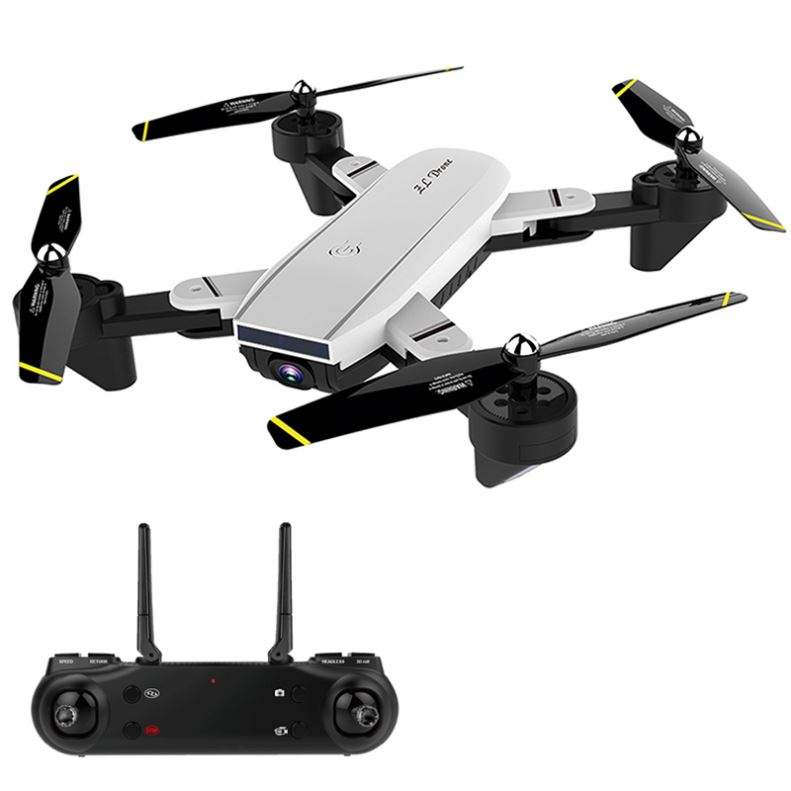 RC quadcopter drone with camera, white and black body with four propellers