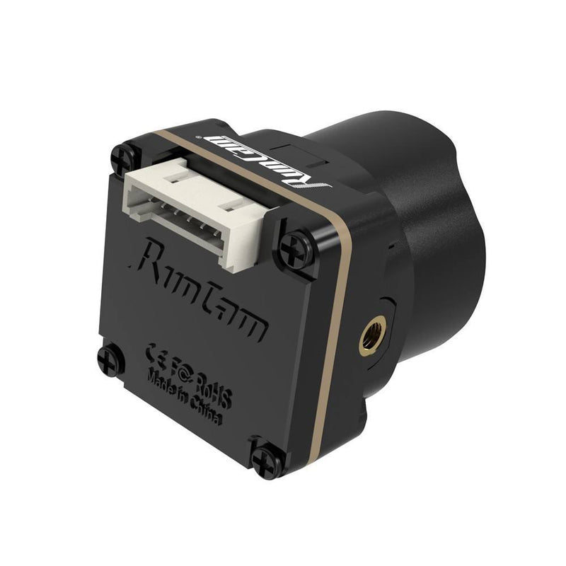 Black FPV camera module with connector port and mounting bracket