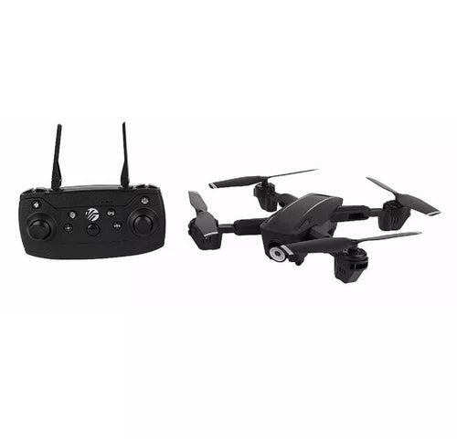 Foldable black quadcopter drone with remote controller, four propellers