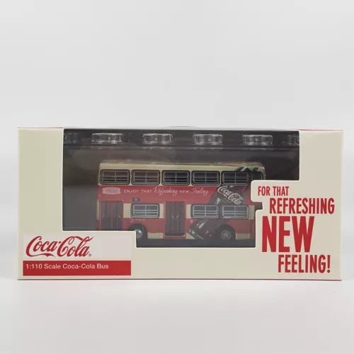1:110 scale Coca-Cola fleetline diecast bus model in retail box, multicolor livery