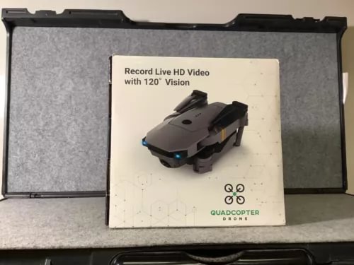 Quadcopter drone box showing black quadcopter and Record Live HD Video text