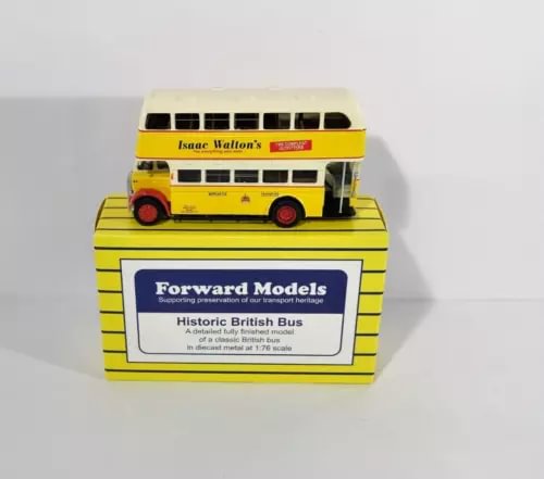 Diecast bus model, yellow with Forward Models historic bus label on front