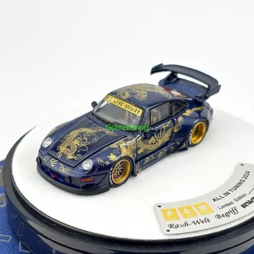 1:64 navy blue dragon sports diecast car model with gold graphics, gold wheels