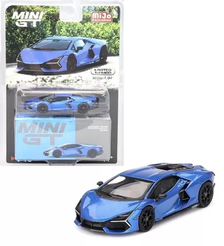 1:64 scale diecast model car, blue Lamborghini Revuelto with black wheels