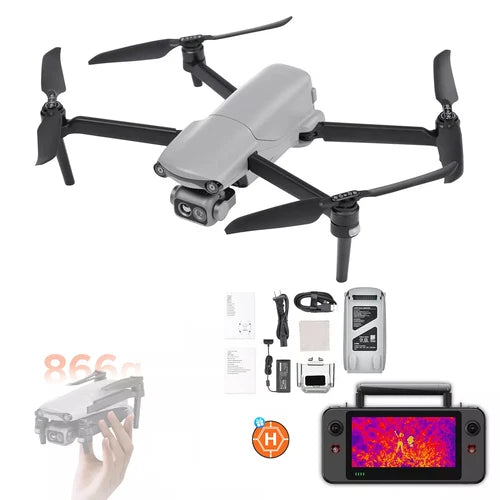 Thermal drone with quad propellers and front camera, gray body