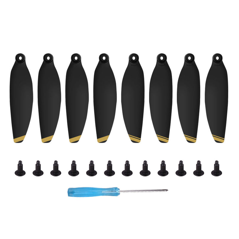 Propeller replacement set: eight black propeller blades, eight screws, small blue screwdriver