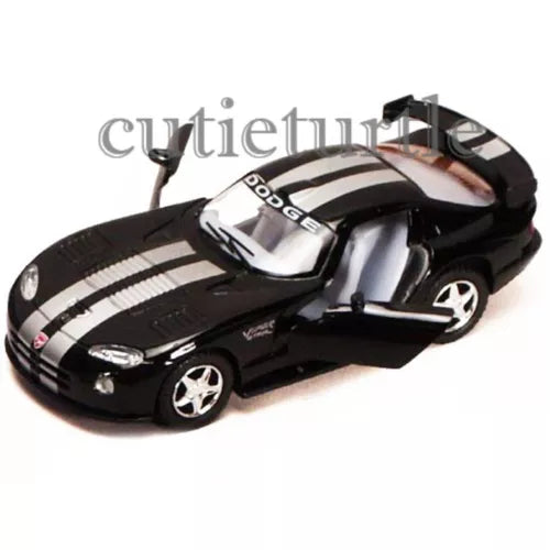 Black diecast toy sports car with silver racing stripes, Dodge hood logo and silver wheels