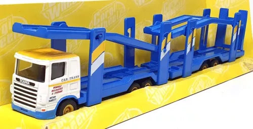 Blue and white diecast car transporter truck with loading ramp and cab