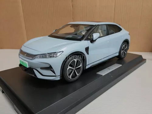 1:18 diecast car model of BYD Song L 2024, white coupe with black wheels, front view