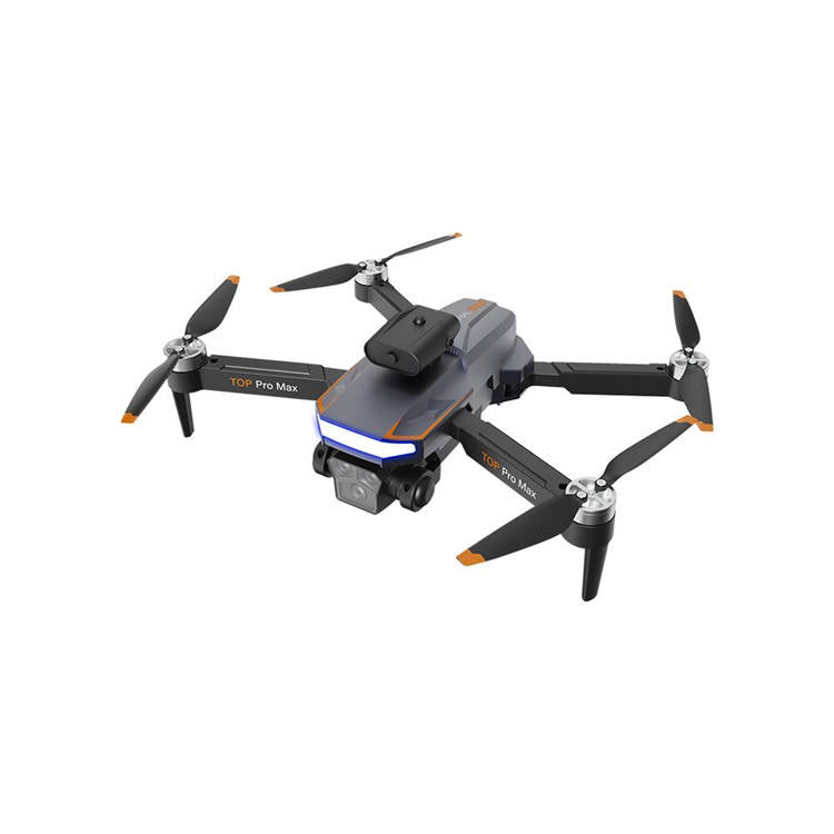 Black quadcopter drone with propellers and front camera module