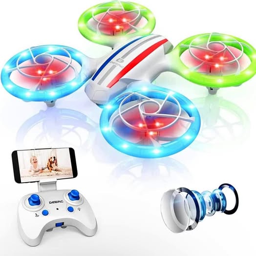 LED mini quadcopter drone with glowing ring lights and remote controller, phone screen.